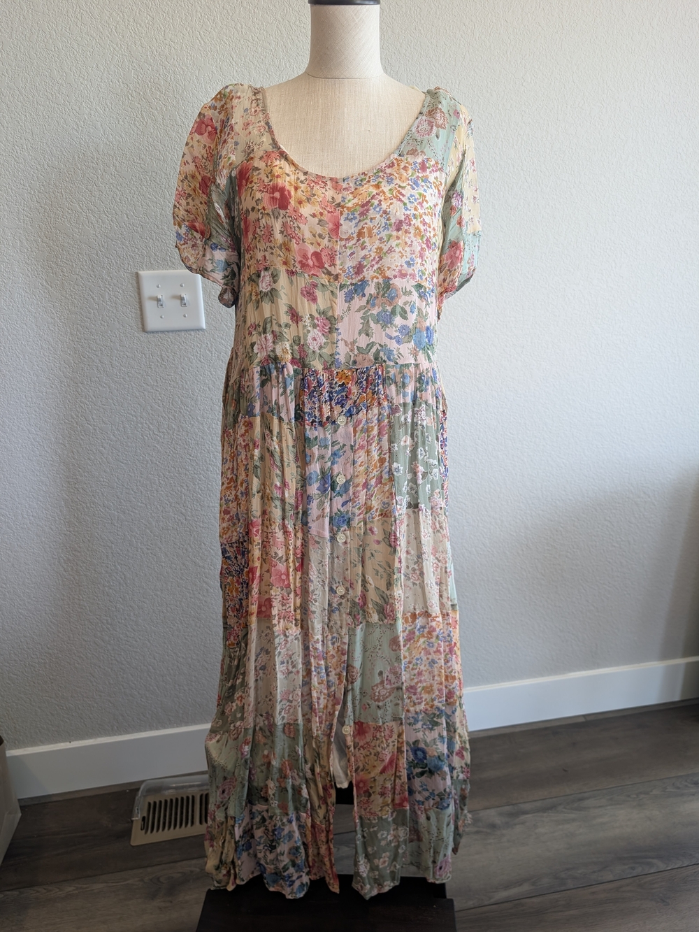 Vintage Rampage Cream Floral Patchwork Maxi Boho Dress Sz M